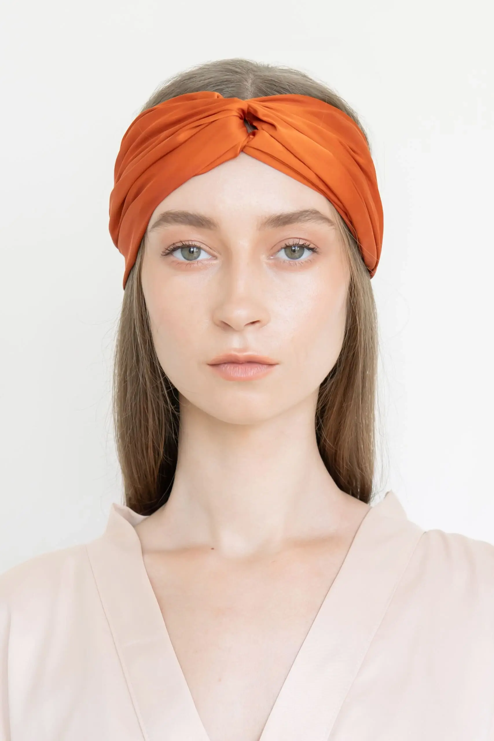 Upcycled Silky Satin Headband with Twist in Burnt Orange