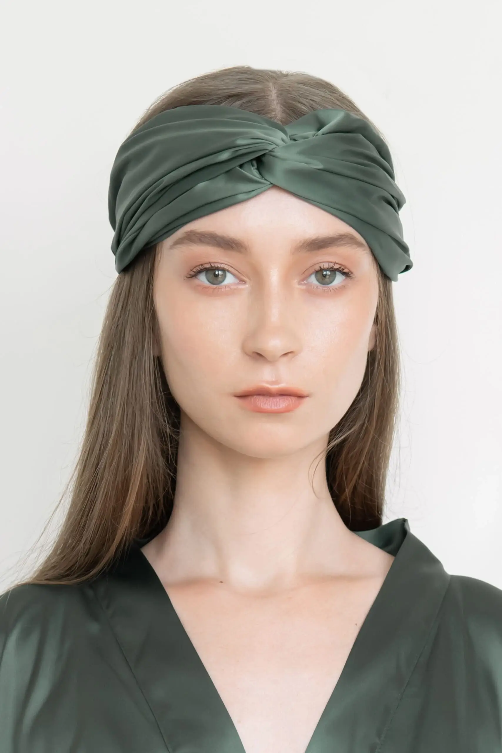 Upcycled Silky Satin Headband with Twist in Green