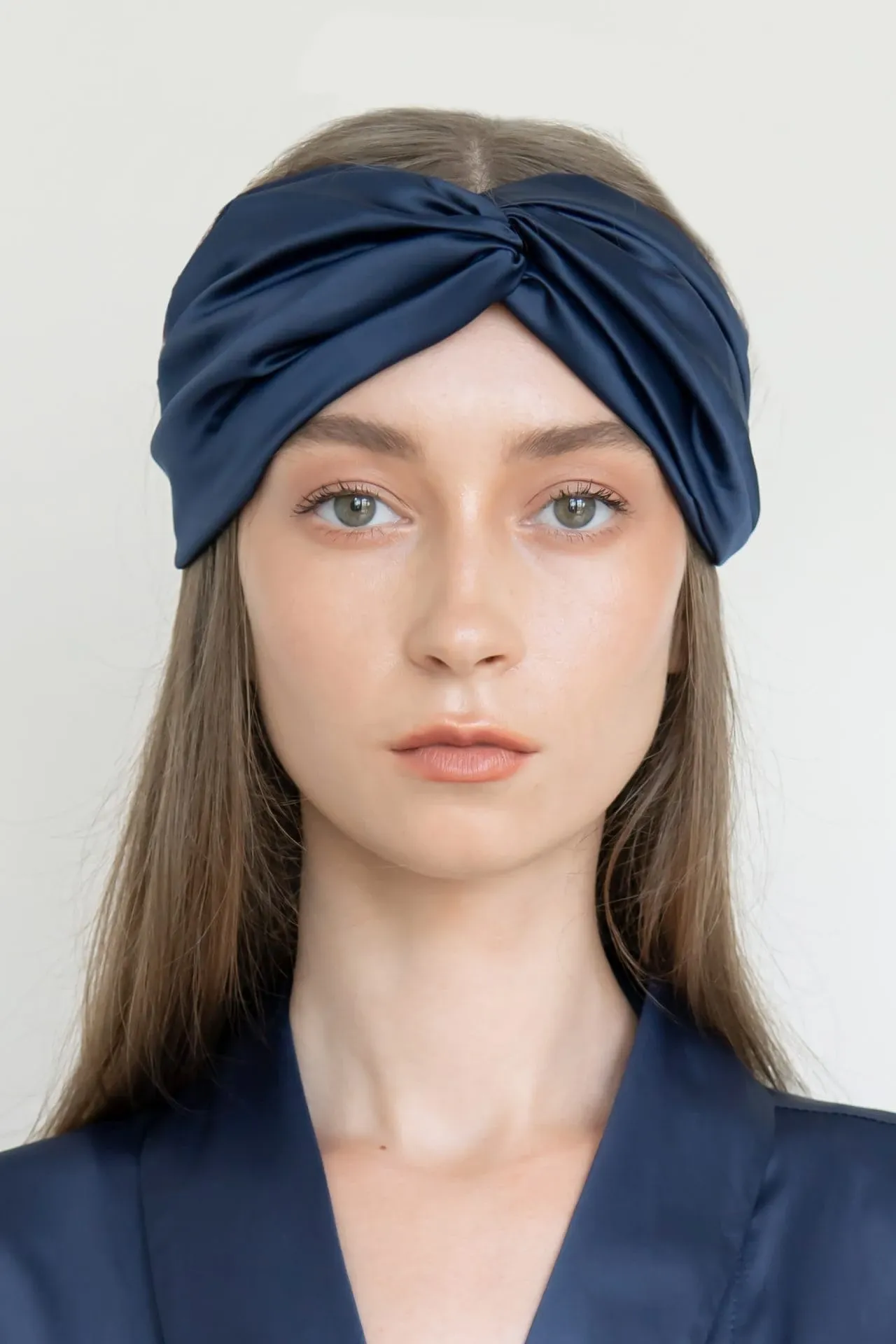 Upcycled Silky Satin Headband with Twist in Navy Blue