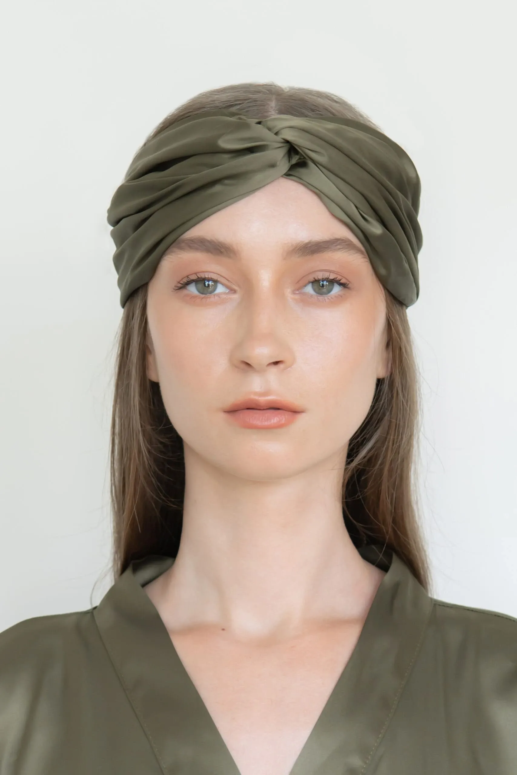 Upcycled Silky Satin Headband with Twist in Olive Green
