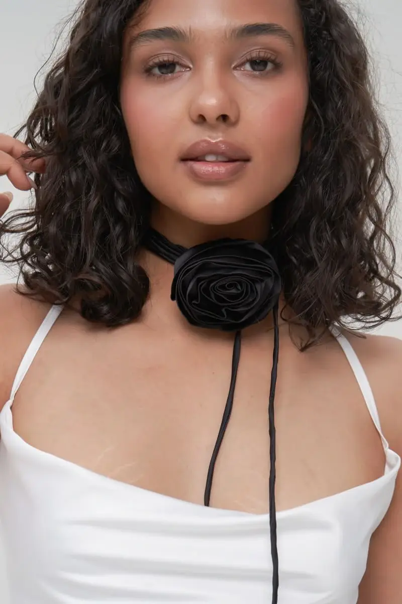 Upcycled Silky Satin Rose Necklace in Black