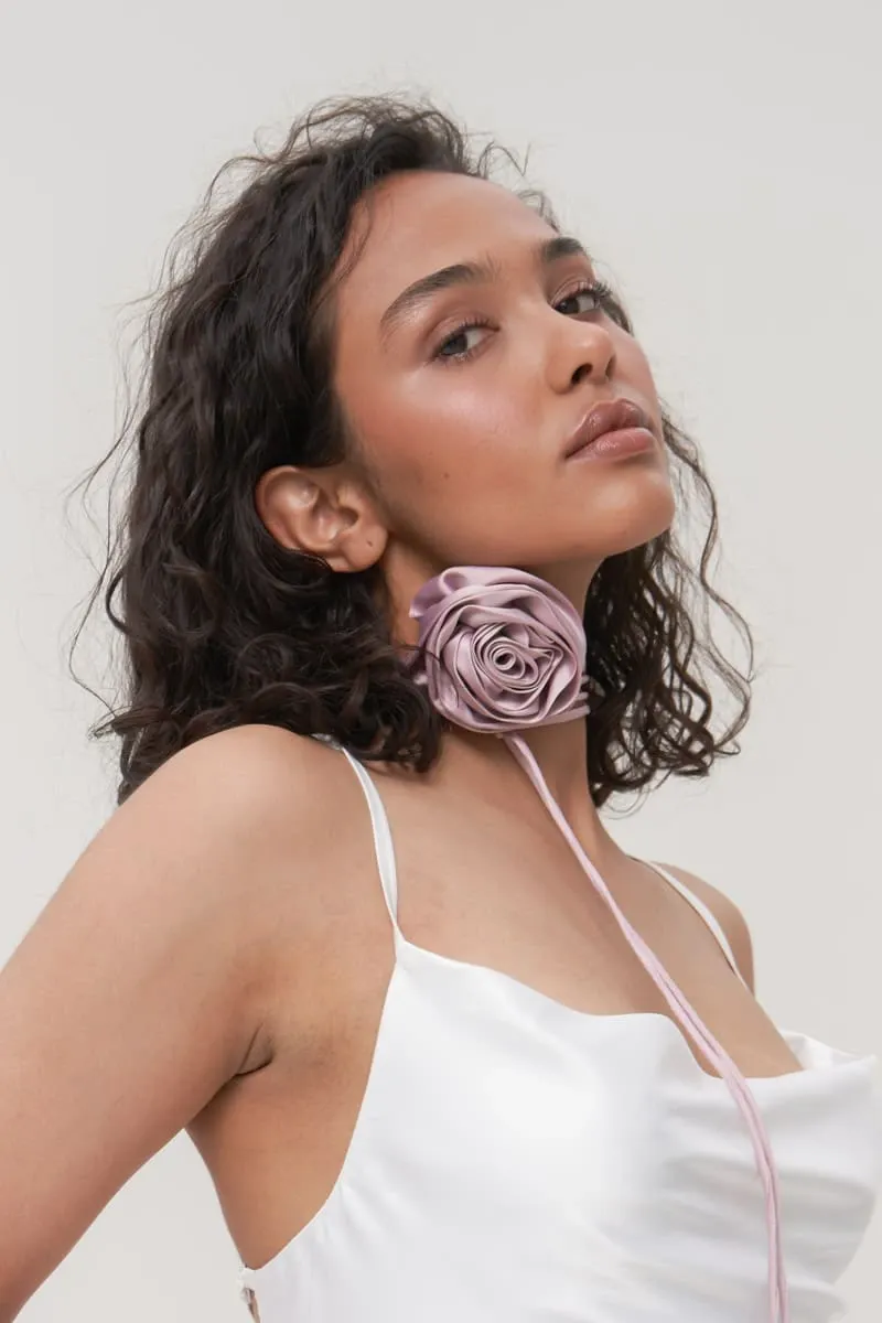Upcycled Silky Satin Rose Necklace in Blush