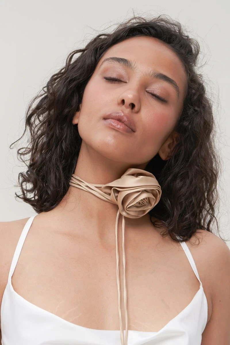 Upcycled Silky Satin Rose Necklace in Gold
