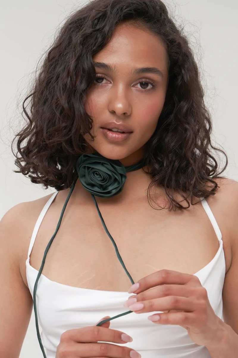 Upcycled Silky Satin Rose Necklace in Green