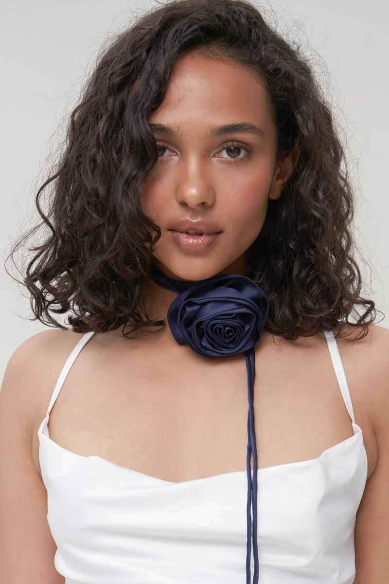 Upcycled Silky Satin Rose Necklace in Navy Blue