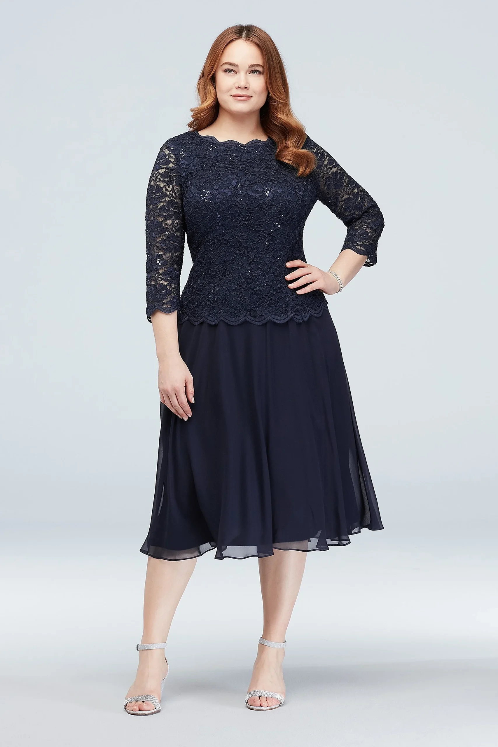 V-Back Scoopneck Plus Size Dress with 3/4 Sleeves