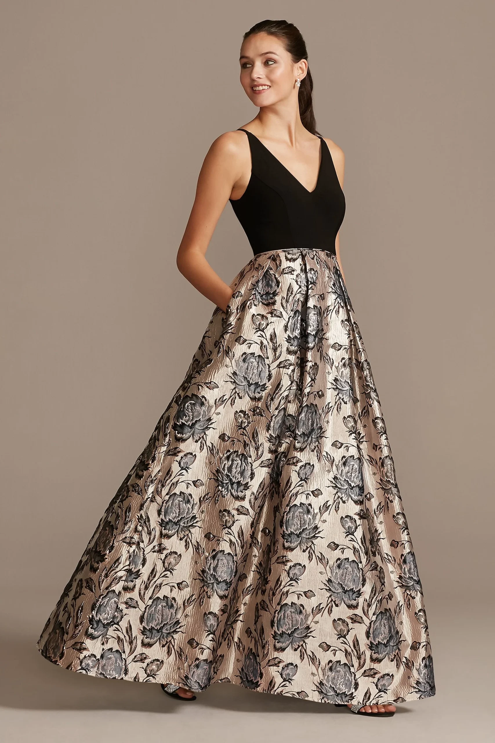 V-Neck Ball Gown with Floral Jacquard Skirt