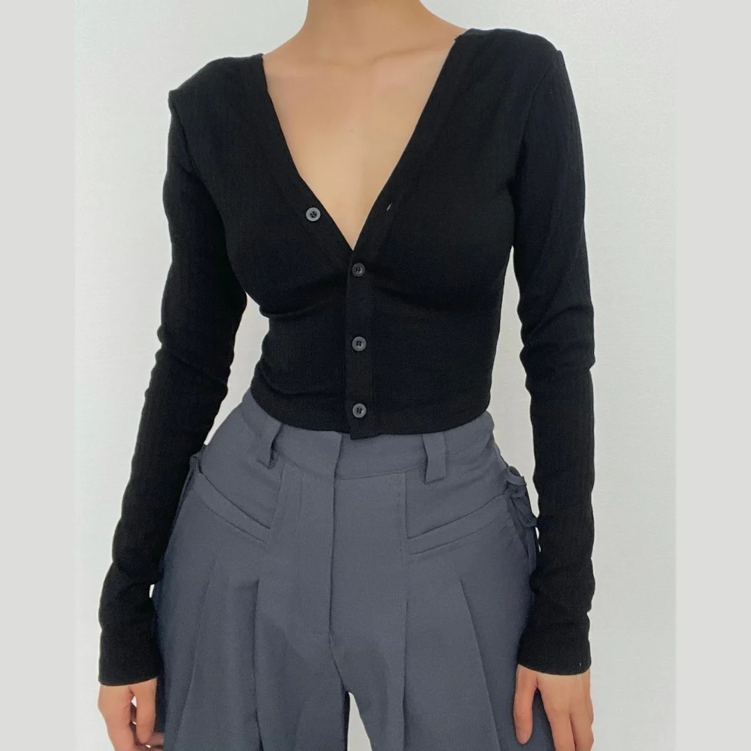 V neck button backless lace up back long sleeve crop top