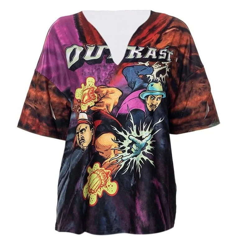 V neck comic pattern long sleeve contrast top