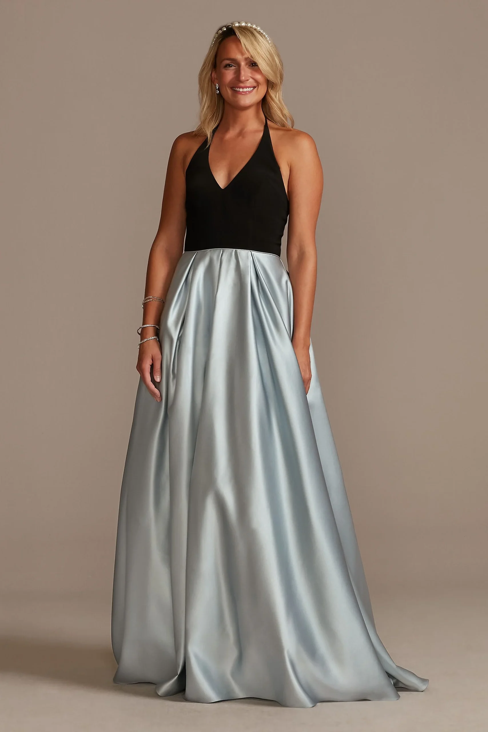 V-Neck Halter Satin Ball Gown with Pockets