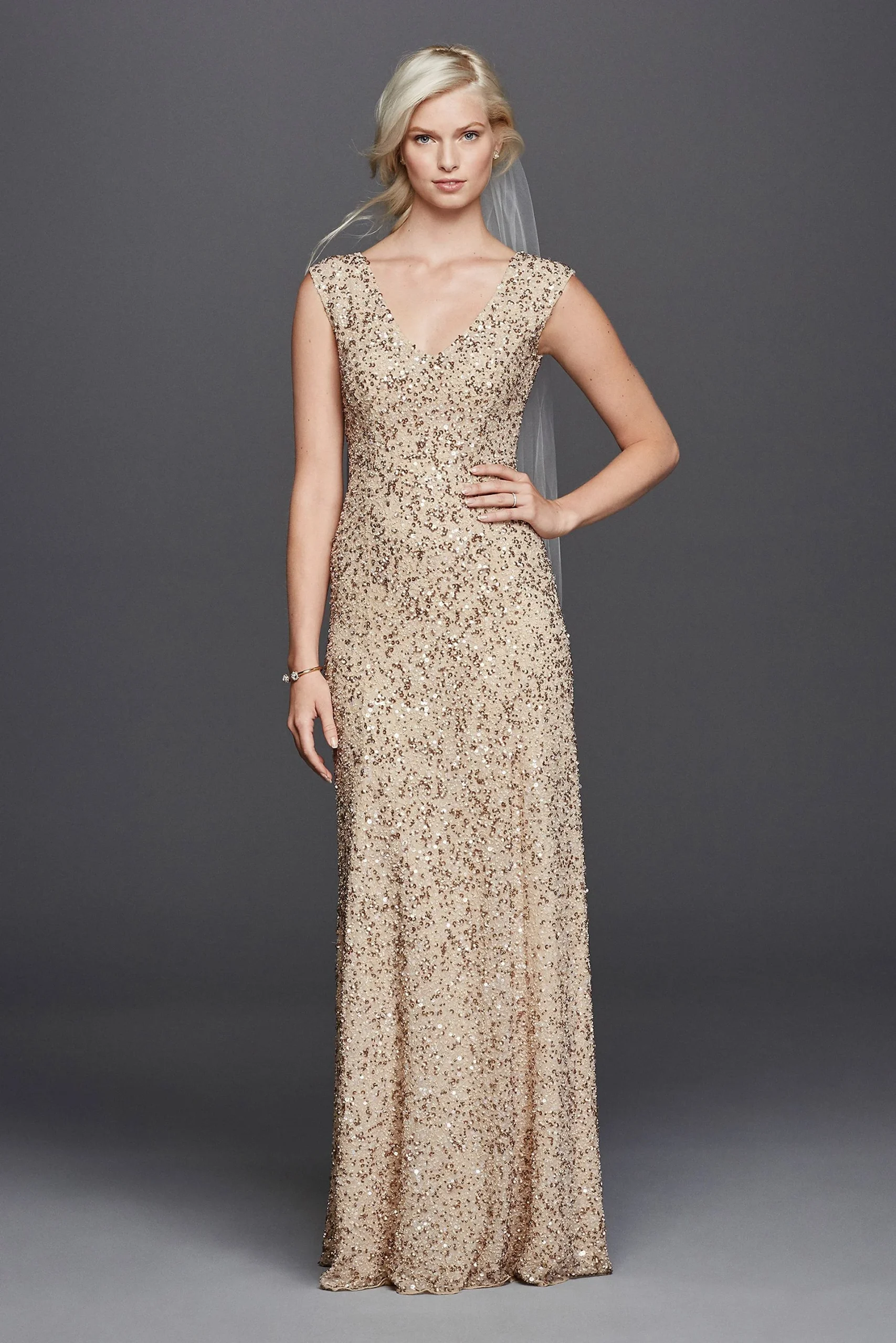 V-Neck Hand Beaded Sheath Wedding Dress