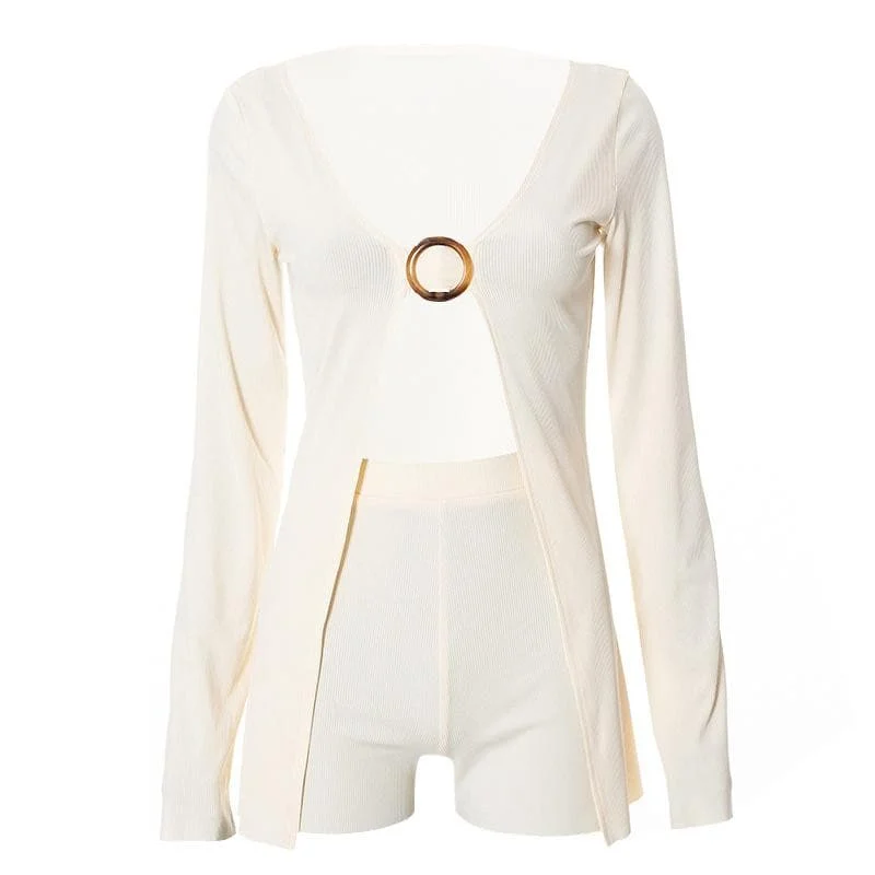 V neck long sleeve o ring slit solid crop top pant set