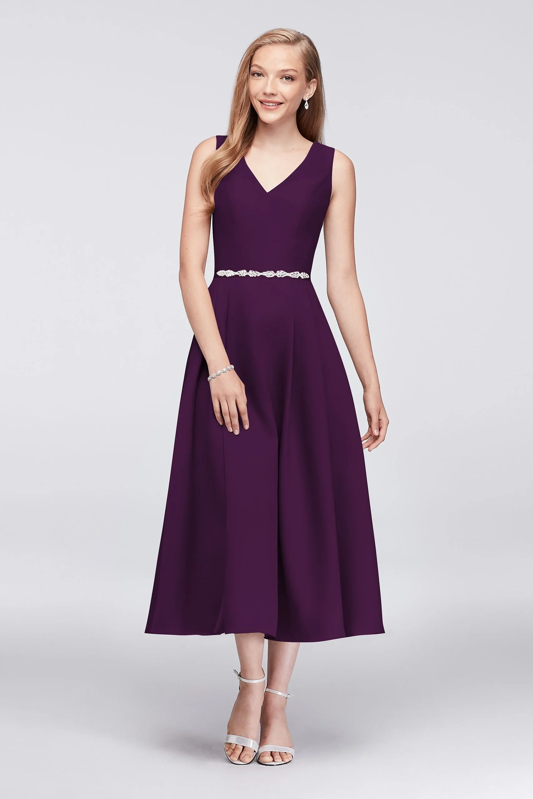 V-Neck Mikado Tea-Length Bridesmaid Dress