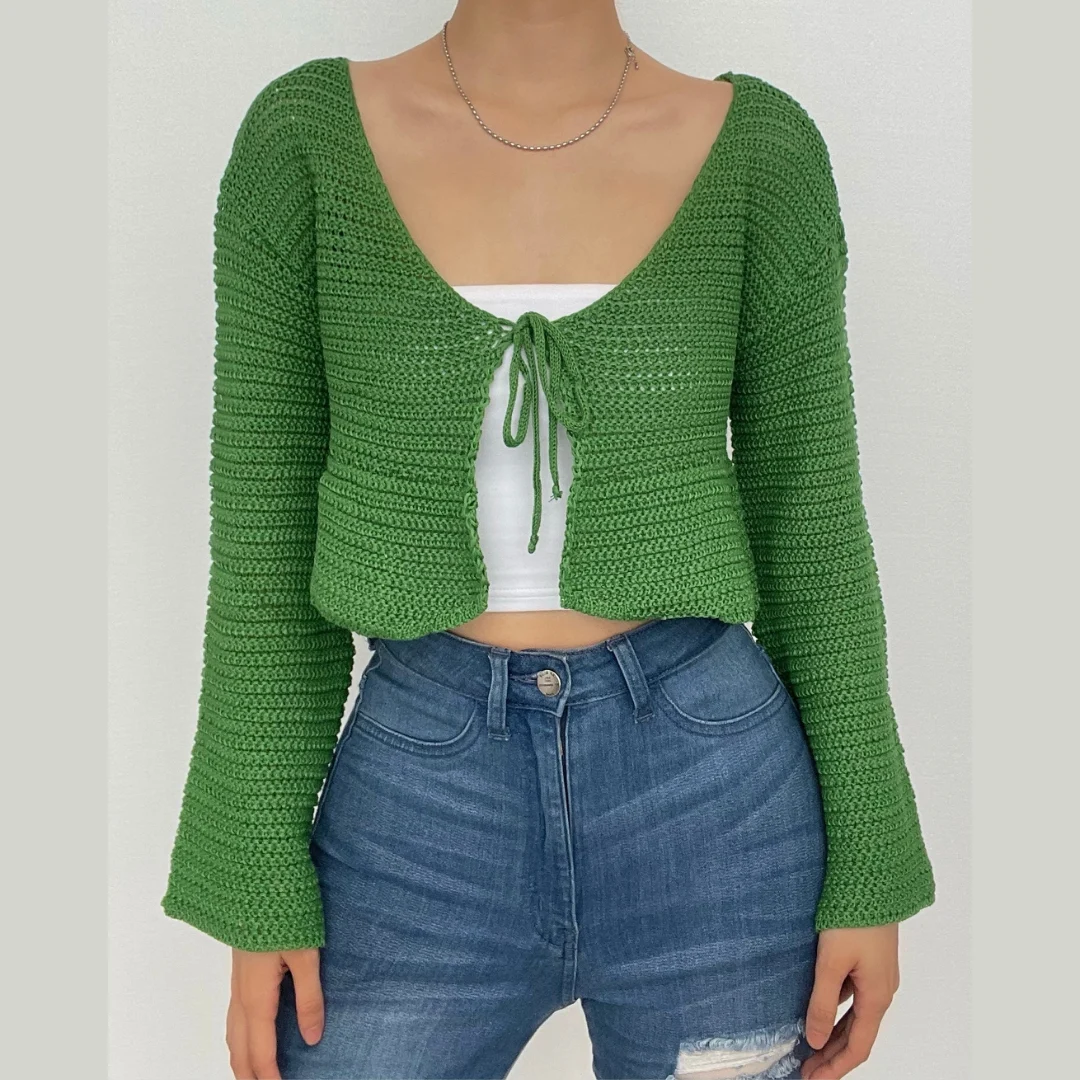 V neck self tie knit crochet long sleeve solid crop top