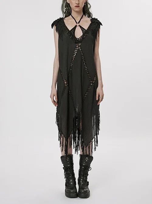 V-Neck Sheer Cutout Braided Rope Links Diamond-Shaped Woven Shoulder Multi-Layered Embroidered Black Gothic Witch Style Braided Dress