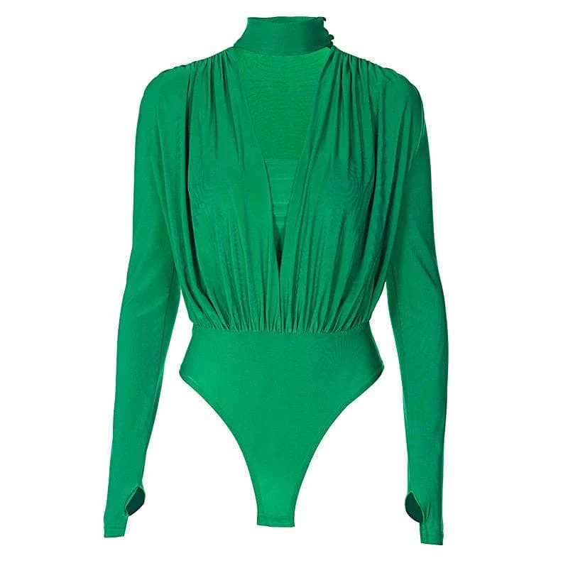 V neck solid ruched gloves high neck long sleeve bodysuit