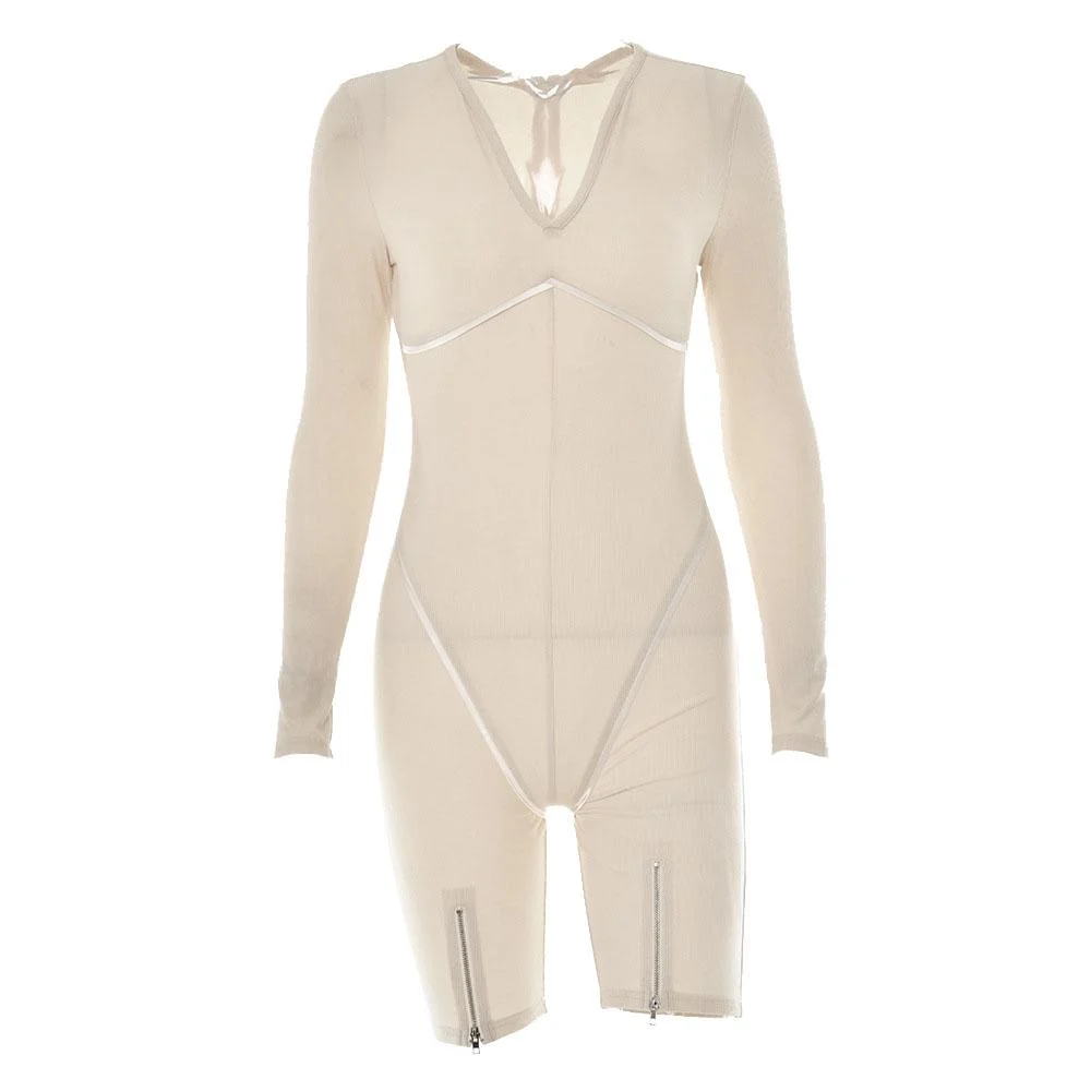 V neck solid zip-up long sleeve low cut romper