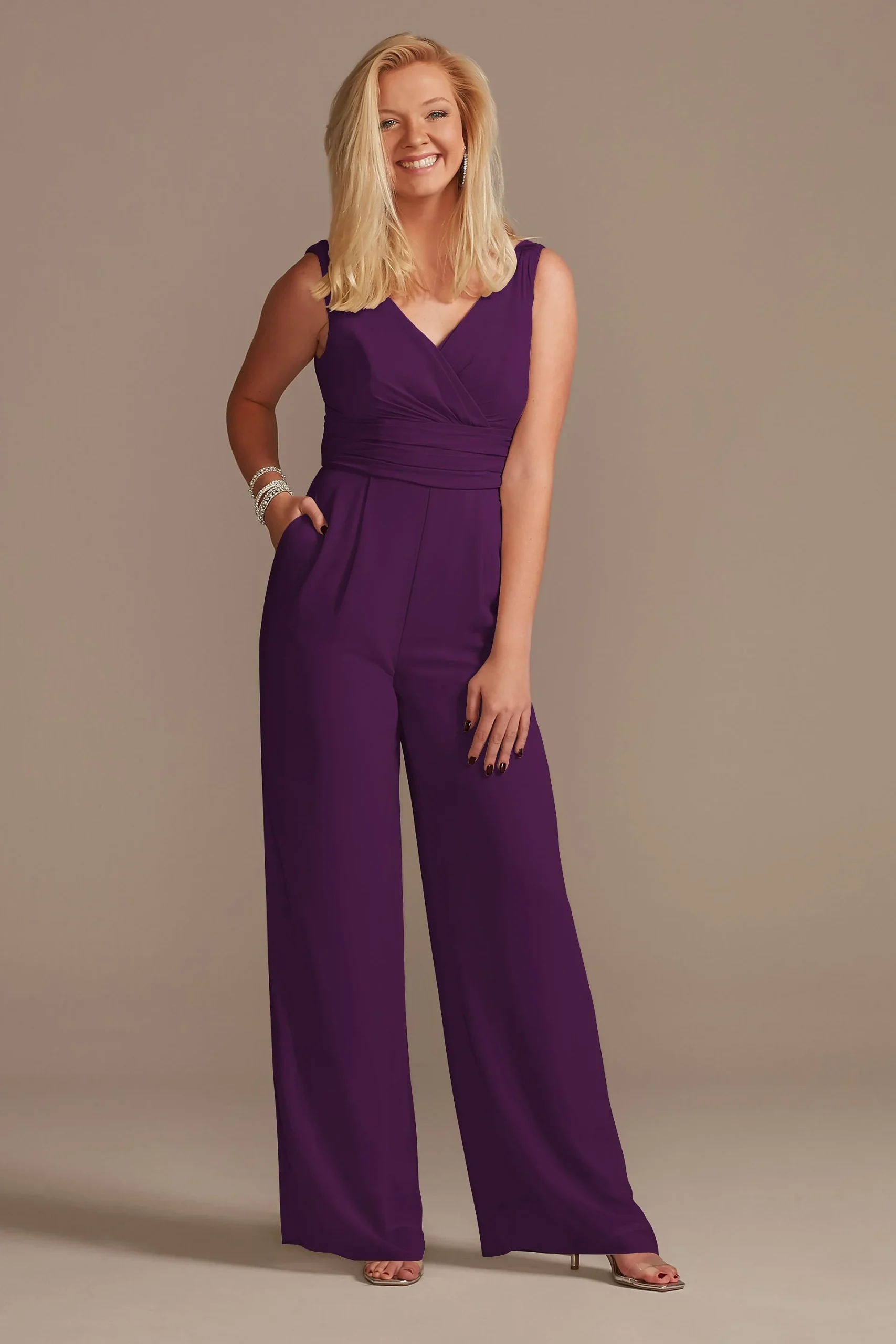 V-Neck Tie Waist Chiffon Bridesmaid Jumpsuit