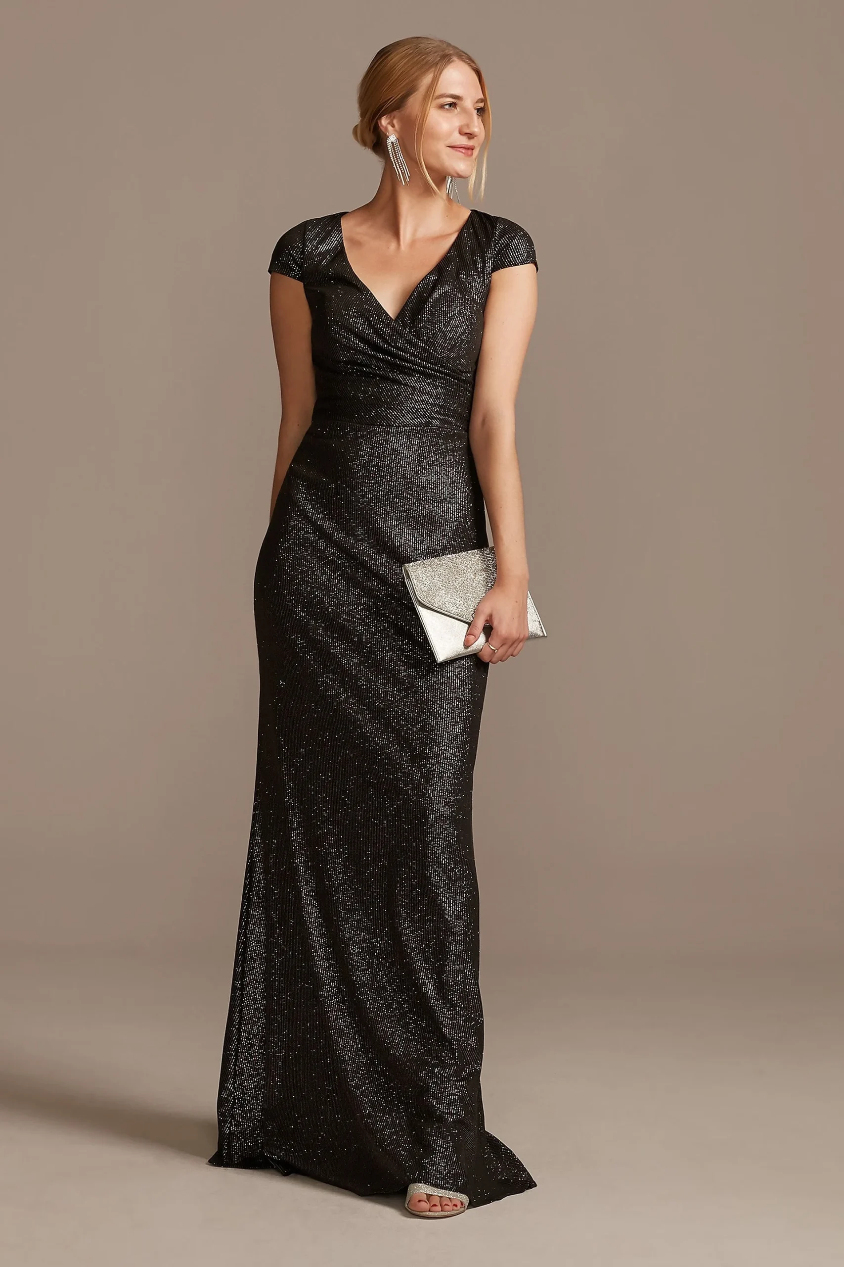 V-Neck Wrap Front Glitter Knit Cap Sleeve Dress