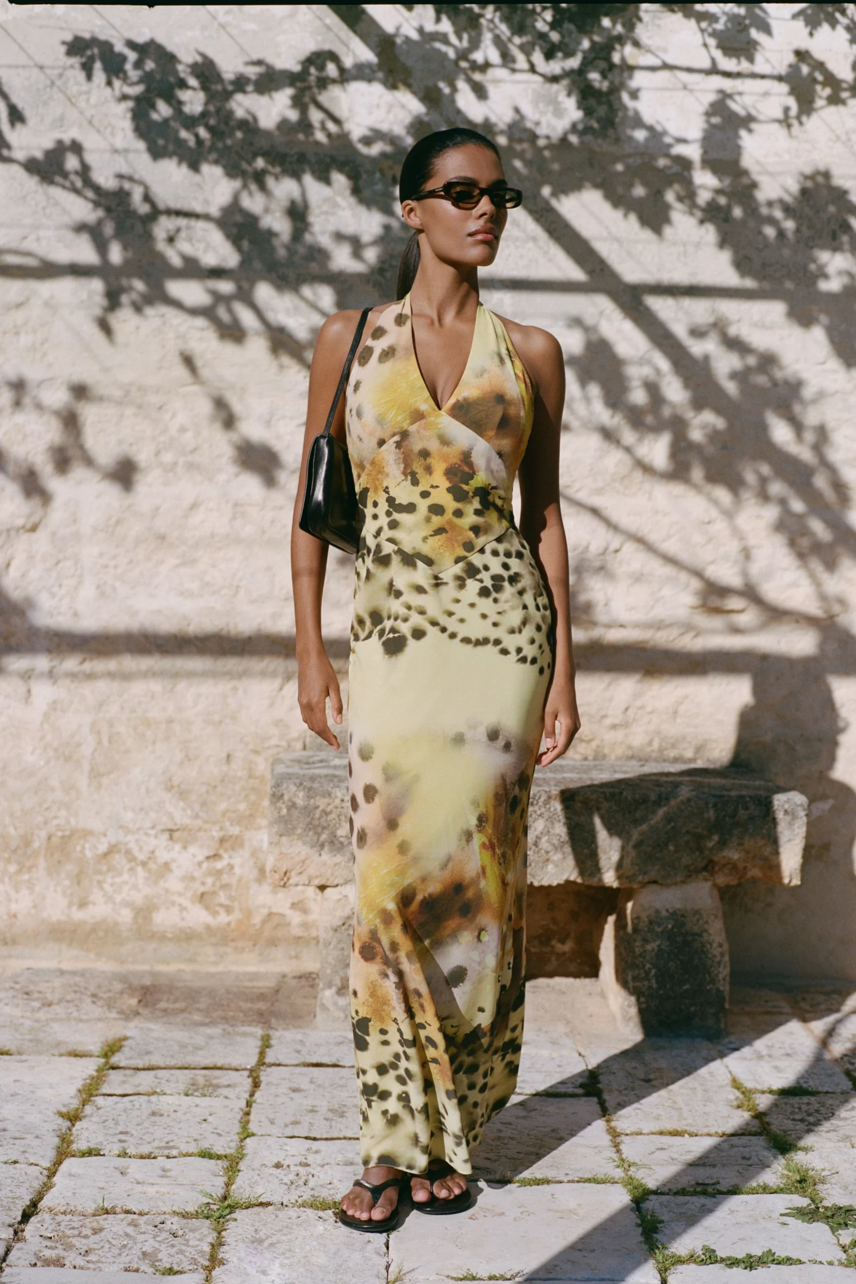 ValentinaChiffon Halter Maxi Dress - Yellow Floral Leopard Print