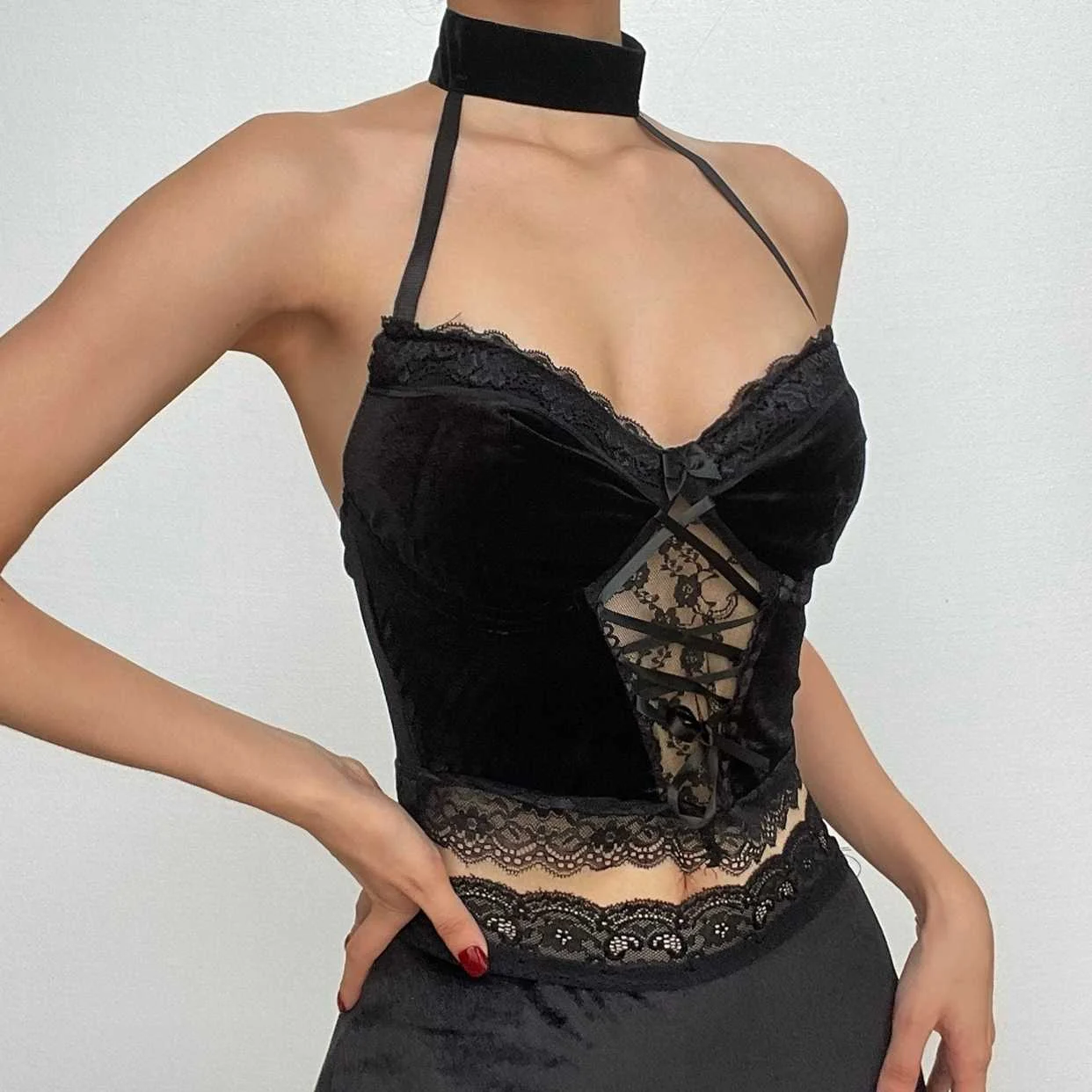 Velvet halter buttoned lace up crop top