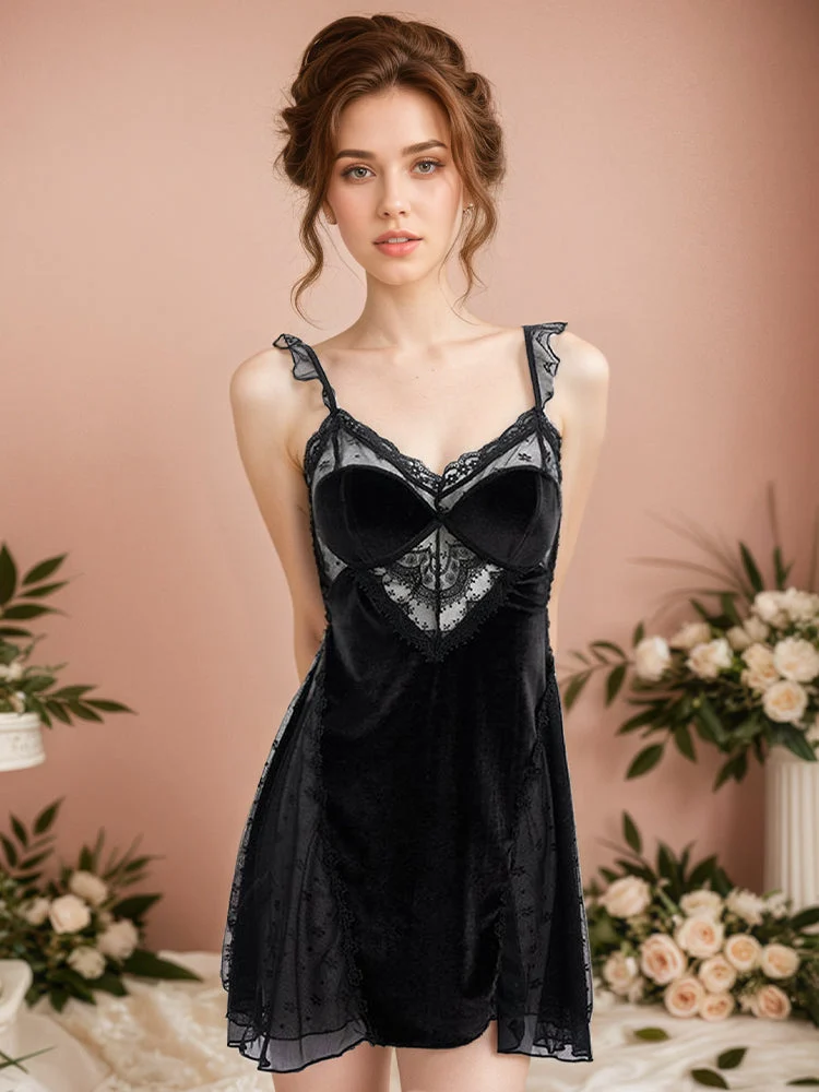 Velvet Lace Deep V Babydoll Chemise