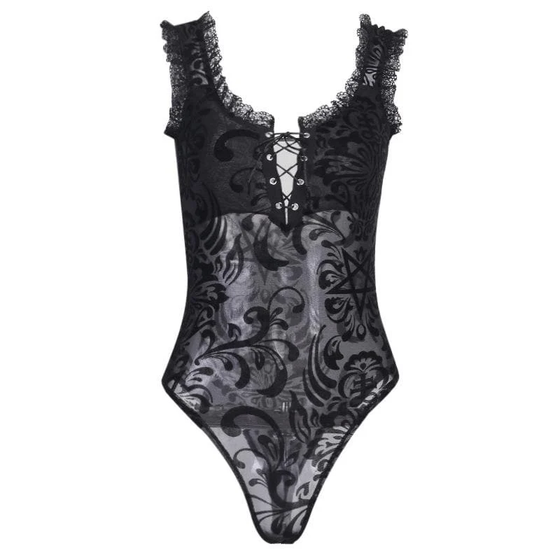 Velvet mesh embroidery lace up U neck bodysuit