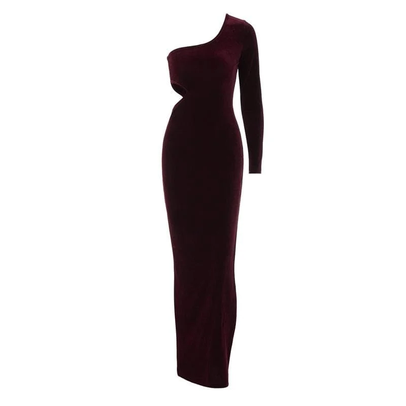 Velvet solid irregular one shoulder slit hollow out midi dress