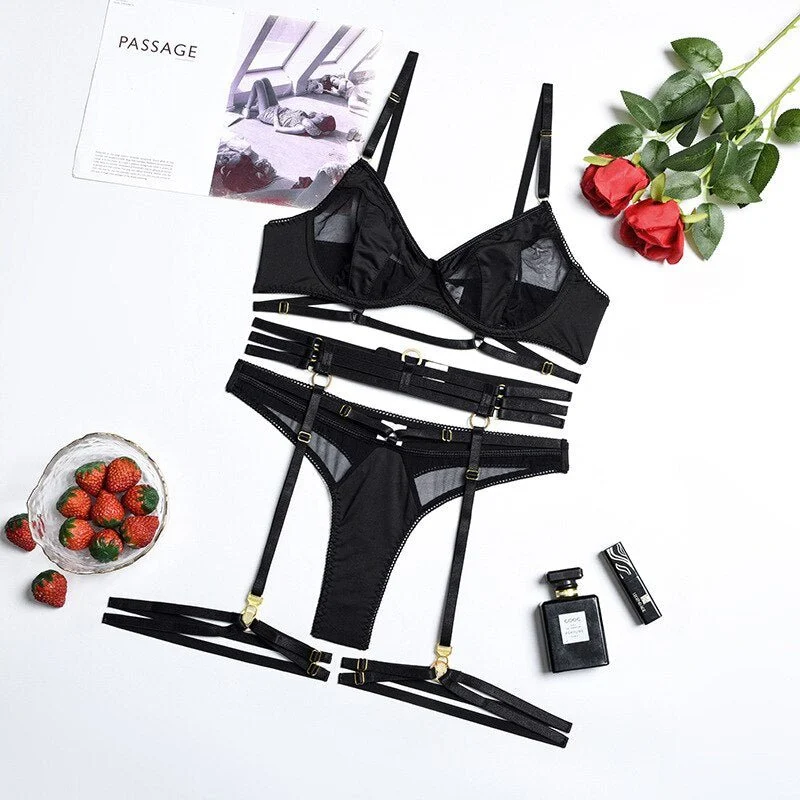 Victoria See-Through Lingerie Set - Black and Red