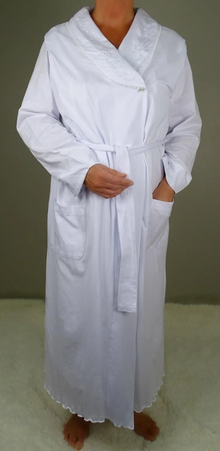 Victoriana Jersey Knit Cotton Robe, White (5259)