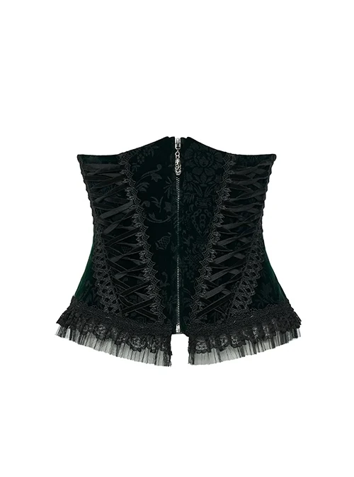Vintage Black And Green Adjustable Rope Printed Zipper Symmetrical Lace Gothic Gorgeous Corset
