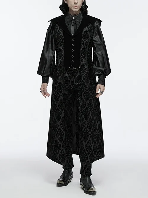 Vintage Black Mysterious Flocking Fabric Removable Snap Button Shoulder Side Webbing Decoration Gothic Style Stand Up Collar Sleeveless Jacket
