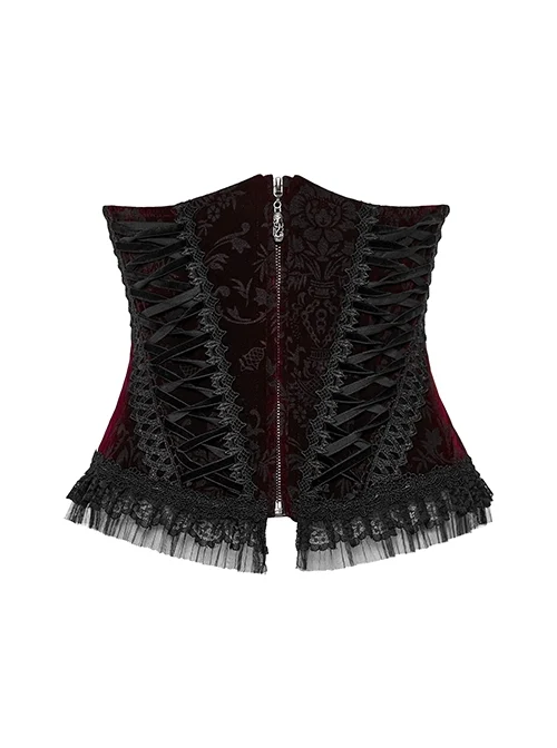 Vintage Black And Red Adjustable Tie Rope Printed Zipper Symmetrical Lace Gothic Gorgeous Corset