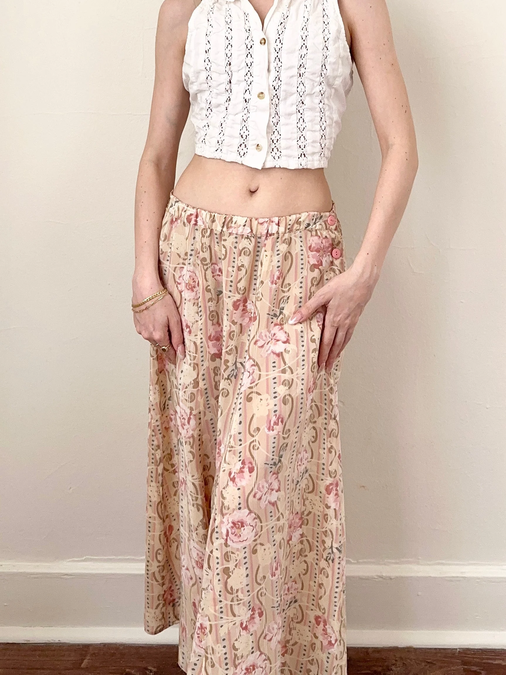 Vintage Blush Roses Silk Midi Skirt (26”)