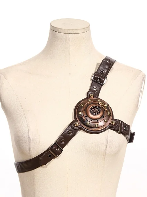 Vintage Brown Leather And Gold Mechanical Gear Punk Harness