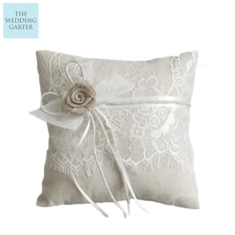 Vintage Burlap Linen & Eyelash Lace Ring Bearer Pillow