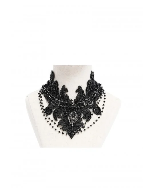 Vintage Elegant Black Embroidery Gorgeous Beads Stone Embellished Gothic Style Necklace
