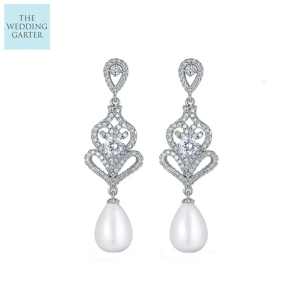 Vintage Inspired Pearl & CZ Diamond Chandelier Earrings
