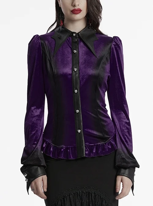 Vintage Purple Luxurious Velvet Exquisite Bat Collar Ruffled Hem Gothic Style Long Sleeves Slim Shirt