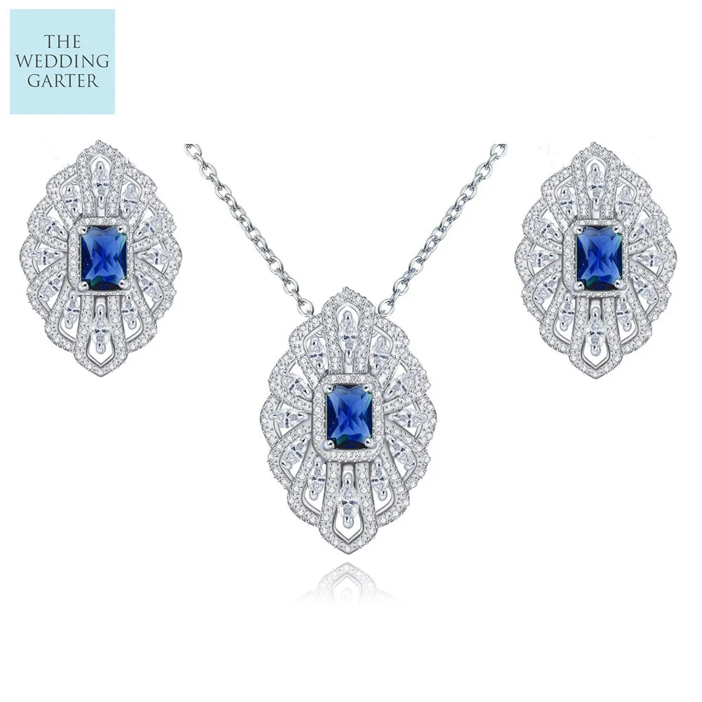 Vintage Style Blue CZ Diamond Bridal Jewellery Set