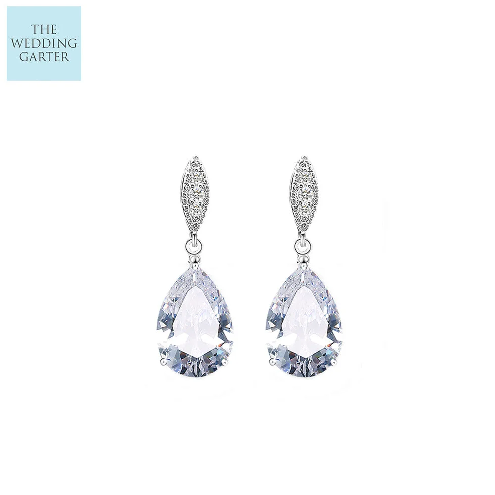 Vintage Style Water Drop Silver CZ Bridesmaid Earrings