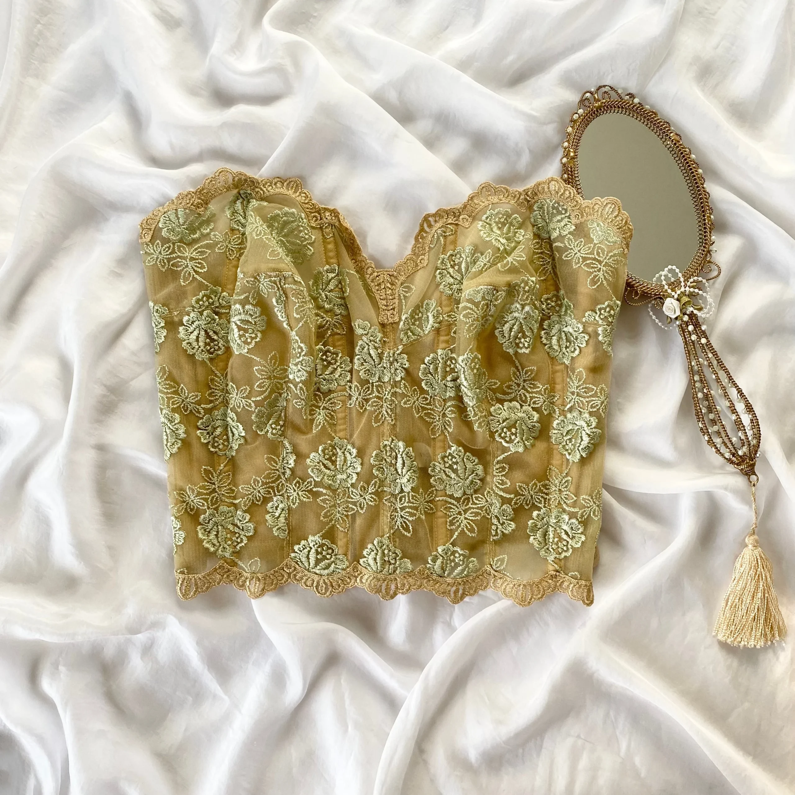 Vintage Victoria's Secret 1990s Sheer Gold Lace Bustier (40C)