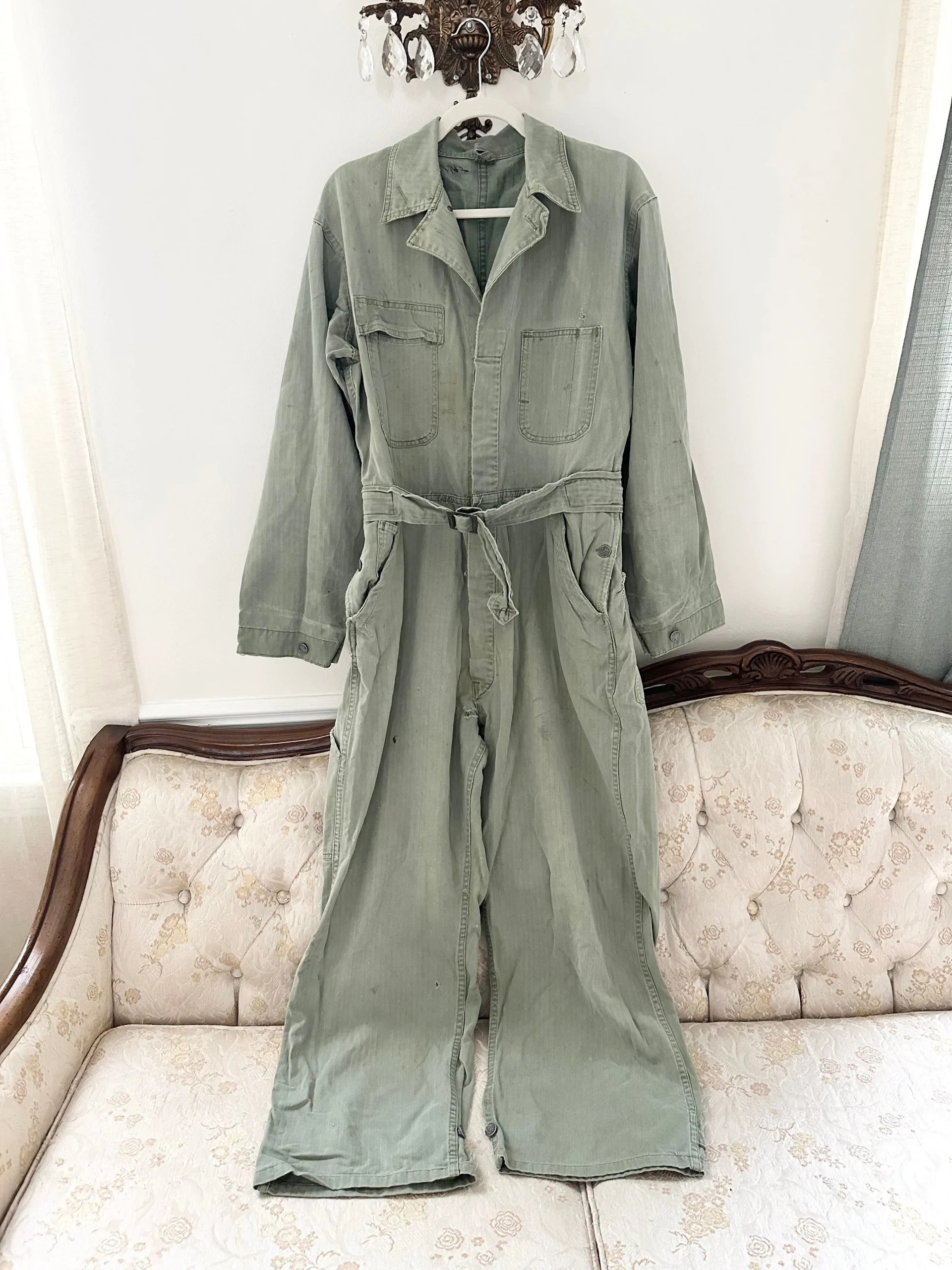 Vintage WWII U.S Army Green Military Long Sleeve Coveralls (L)