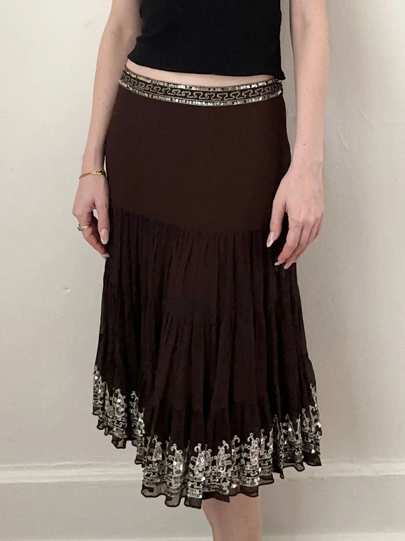 Vintage Y2K Brown Silk Silver Sequin Skirt (XS/S, 30”)