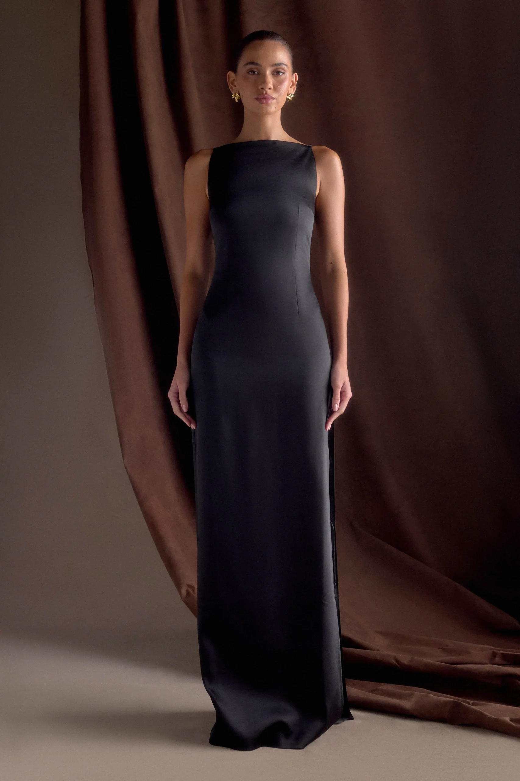 VioletFINAL SALESleeveless Satin Maxi Dress - Black
