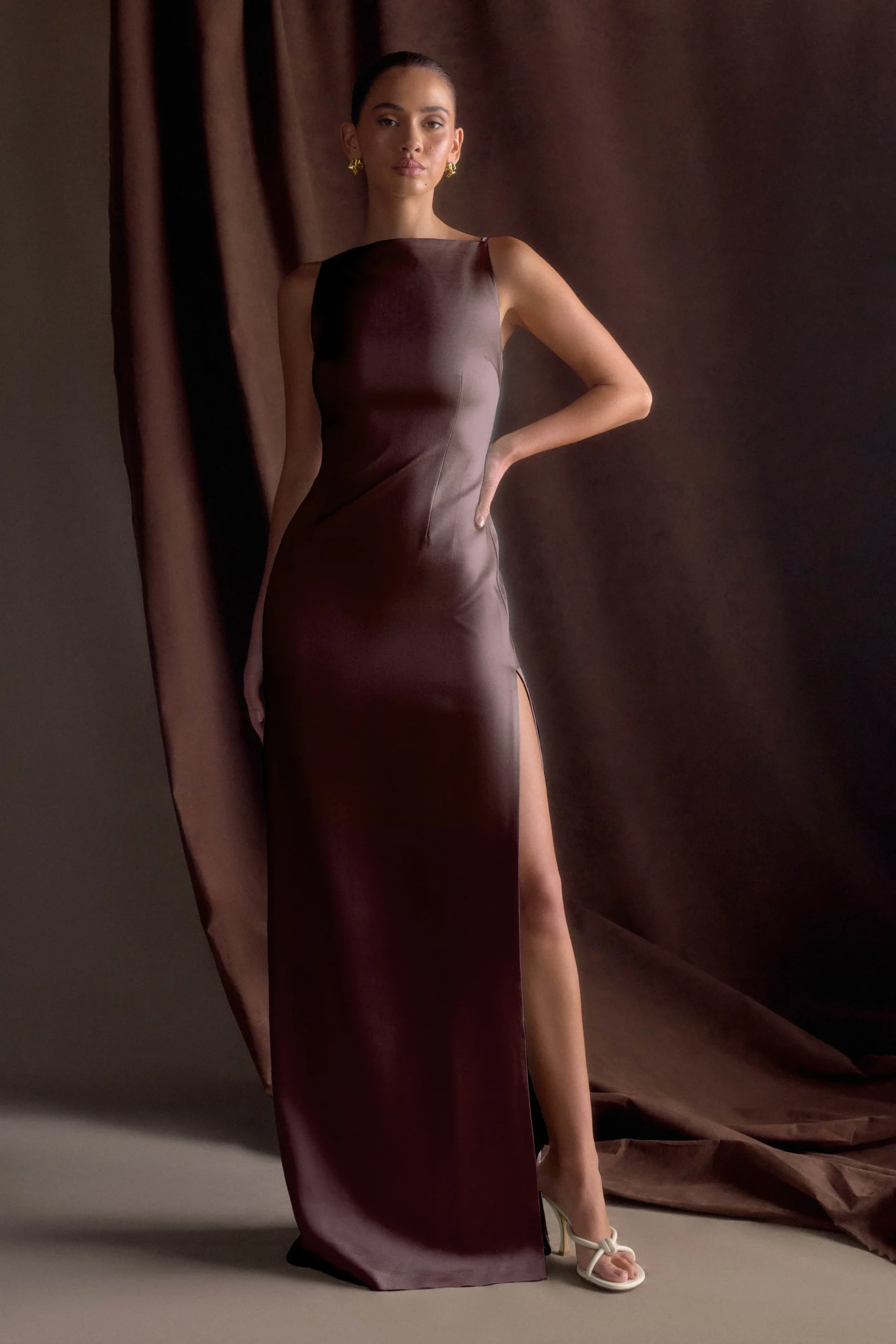 VioletFINAL SALESleeveless Satin Maxi Dress - Dark Chocolate