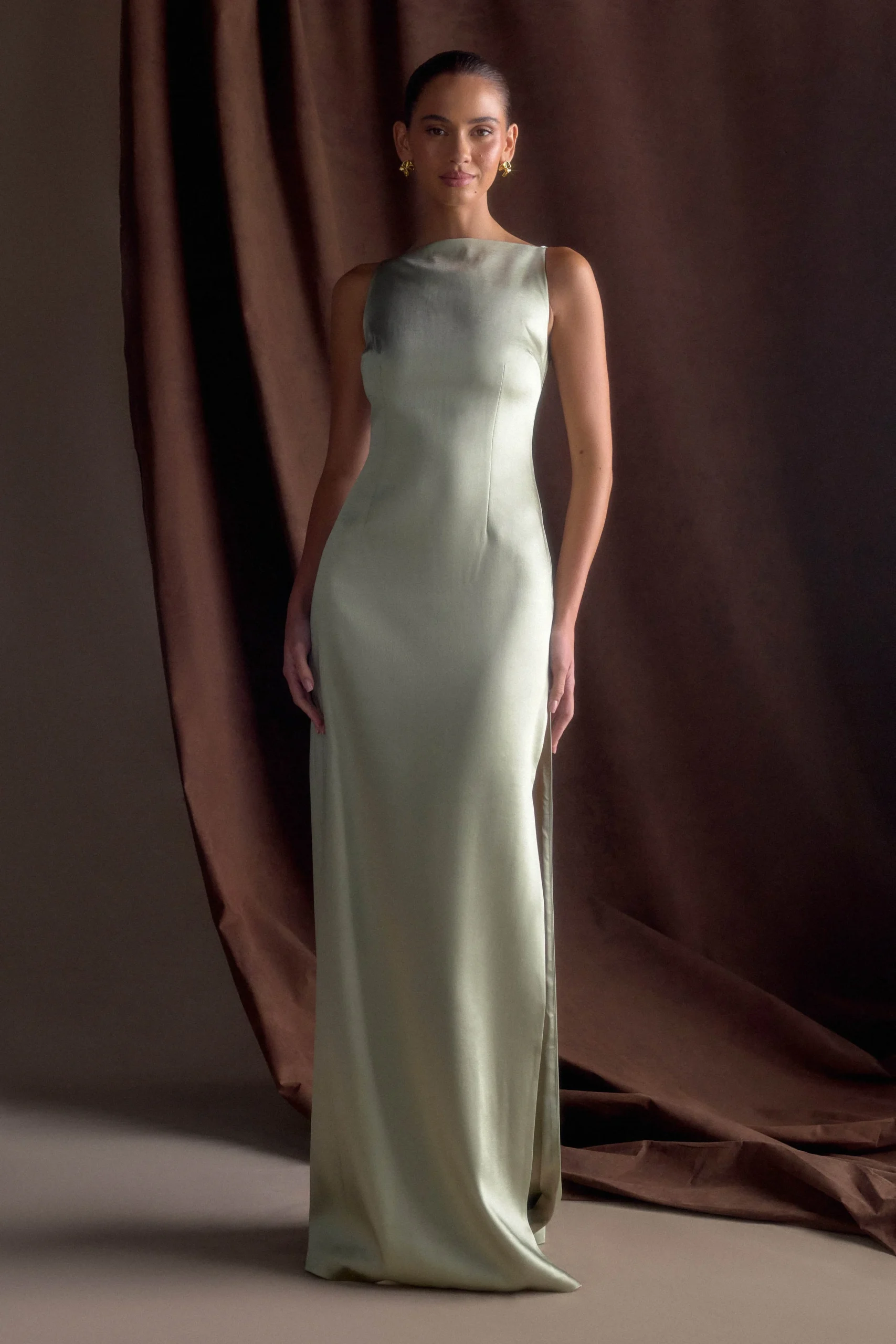 VioletFINAL SALESleeveless Satin Maxi Dress - Sage