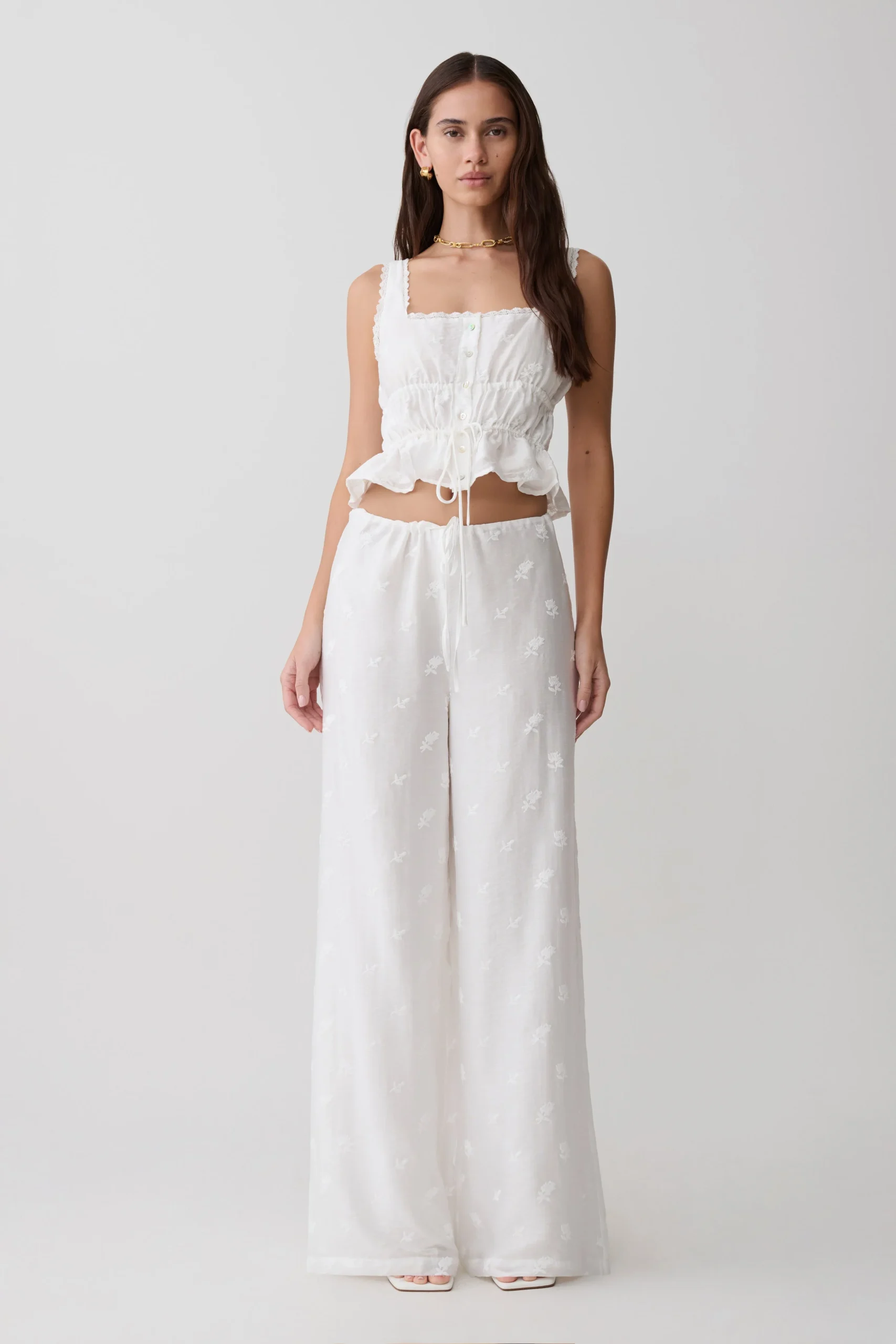 VivianTie Waist Embroidered Pant - White