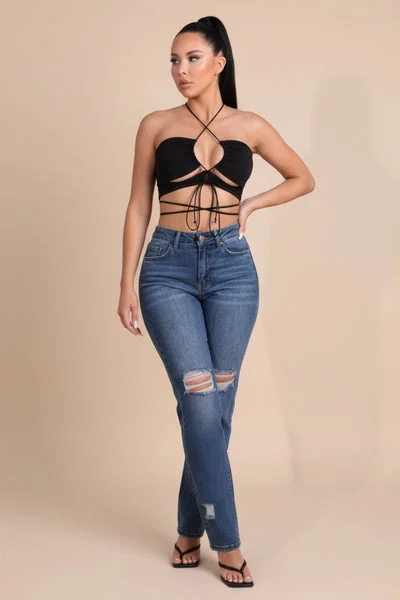 Washed Dark Blue High Waisted Distressed Slim Fit Jeans - Lowri