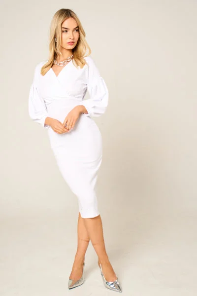 White Belted Bodycon Midi Dress- Angelica